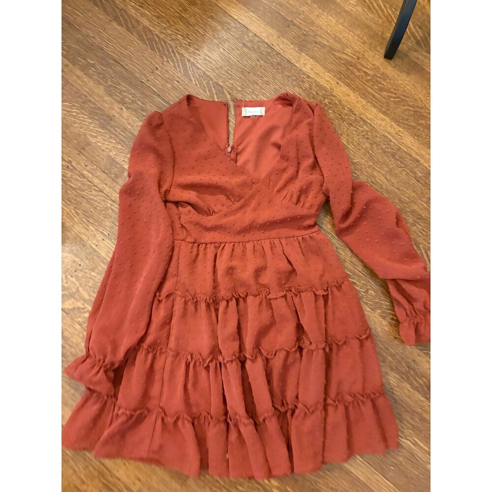 Altar'd State Small Rust Swiss Dot Tiered Ruffle Mini Dress Long Sleeve Boho